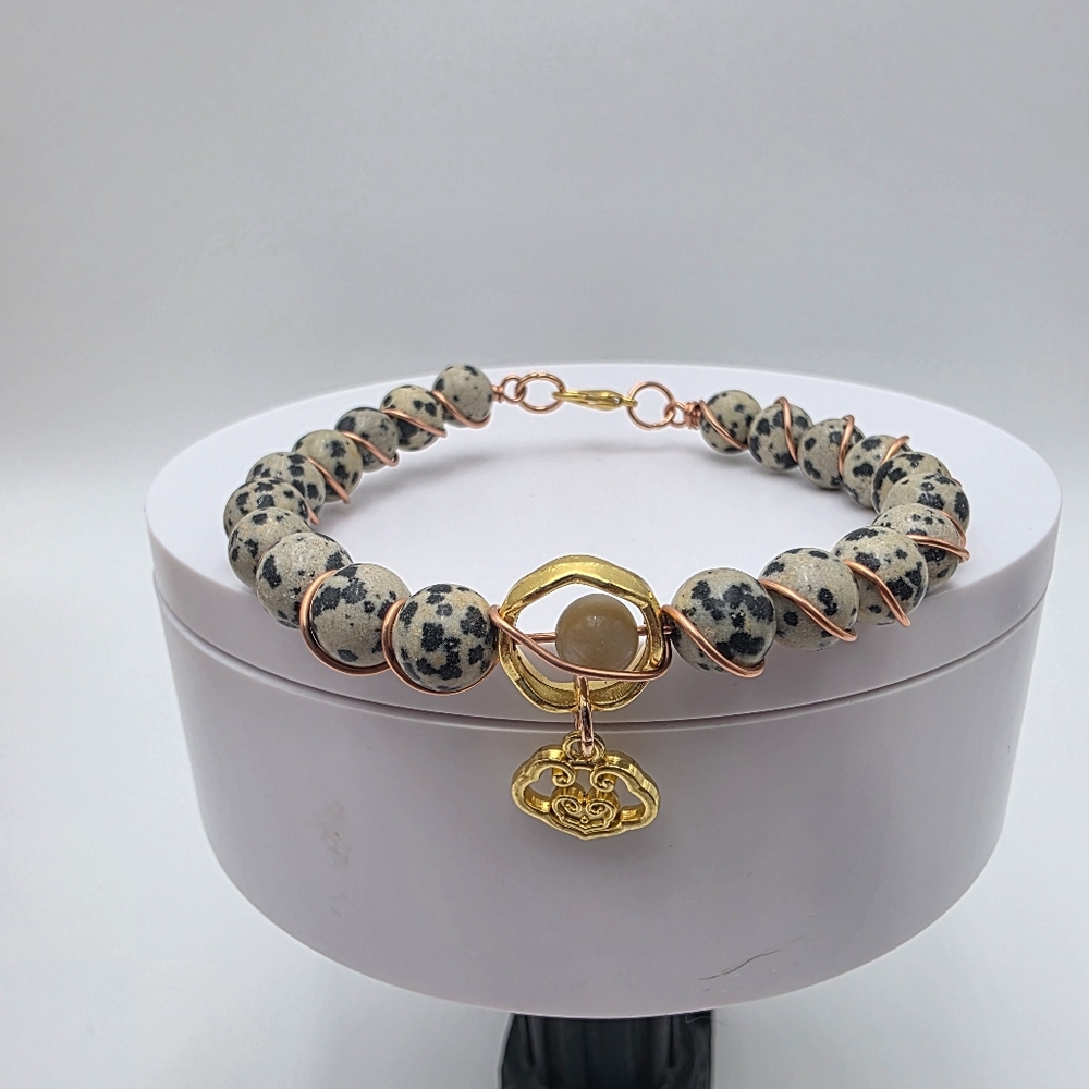 Dalmatian Jasper Beaded Bracelet with Gold Accent Charm - Picture 3 of 6